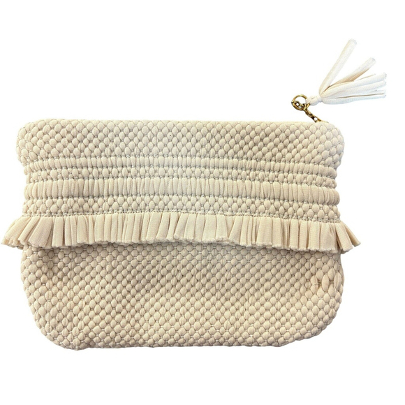 VTG 1960s Hand Loomed Clutch Pouch Ivory Fringe Metallic Thread Boho - Picture 4 of 9